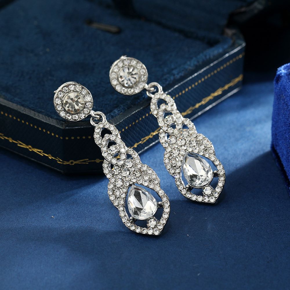 Silver Hollow Crystal Teardrops Clip On Dangling Earrings