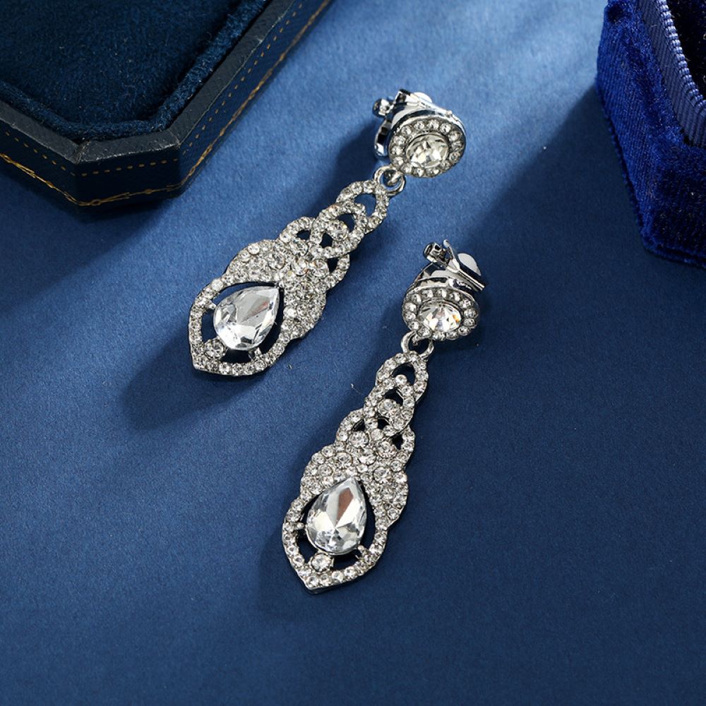 Silver Hollow Crystal Teardrops Clip On Dangling Earrings