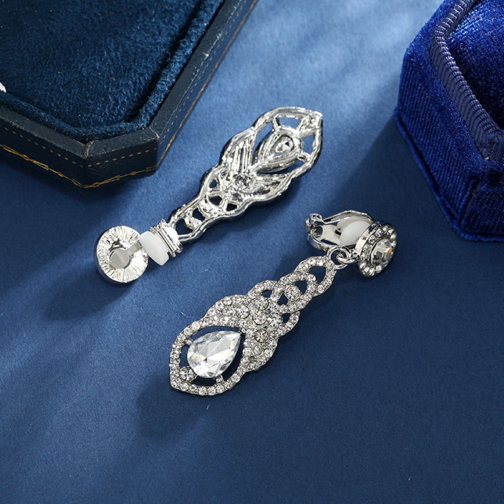 Silver Hollow Crystal Teardrops Clip On Dangling Earrings