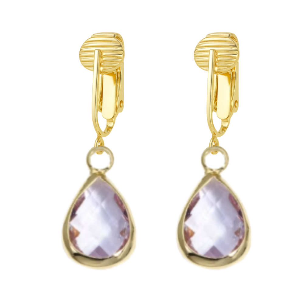 Gold Teardrop Birthstone Clip On Dangling Earrings