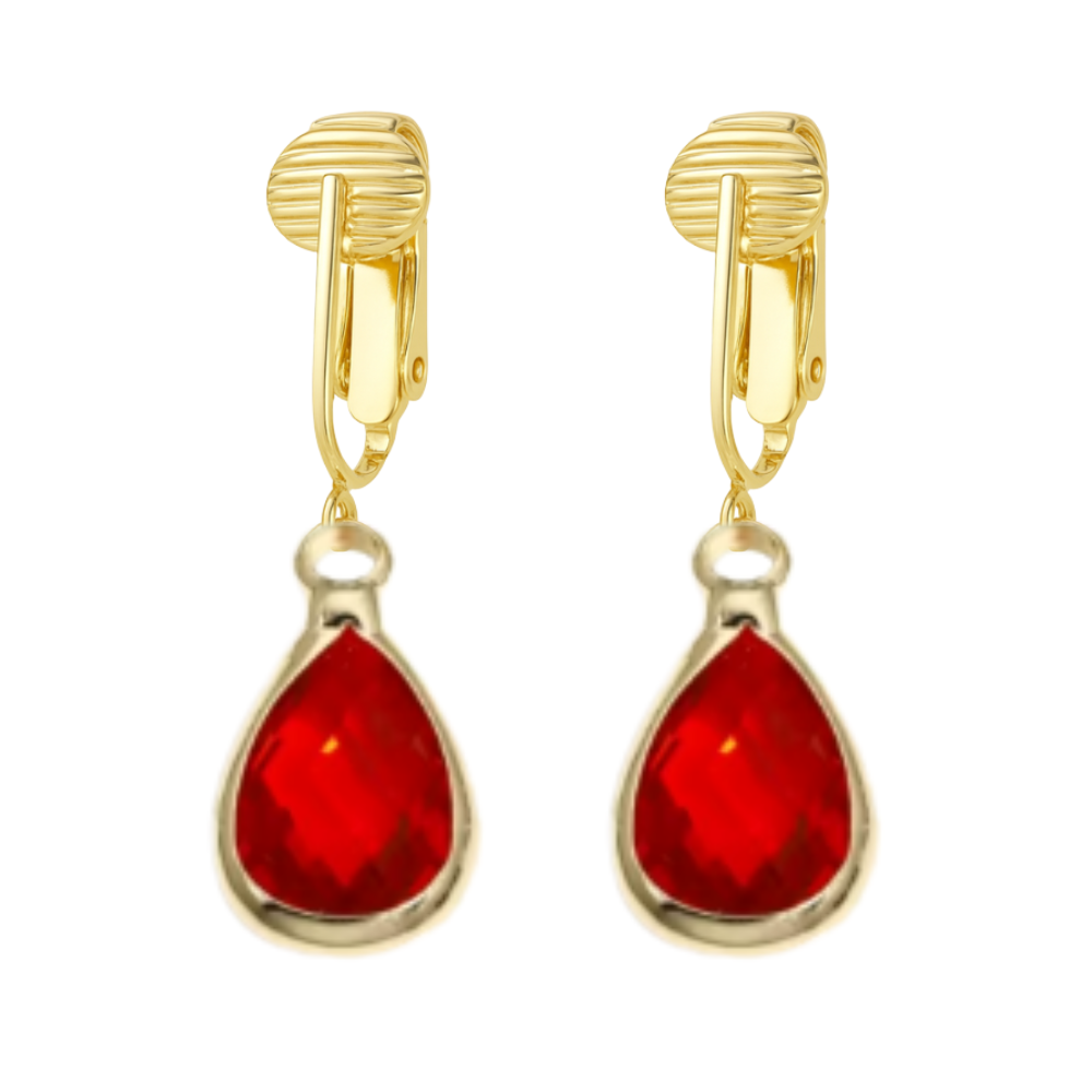 Gold Teardrop Birthstone Clip On Dangling Earrings