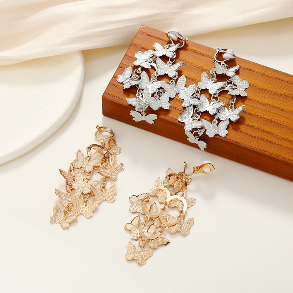 Silver Layered Butterfly Clip On Dangling Earrings