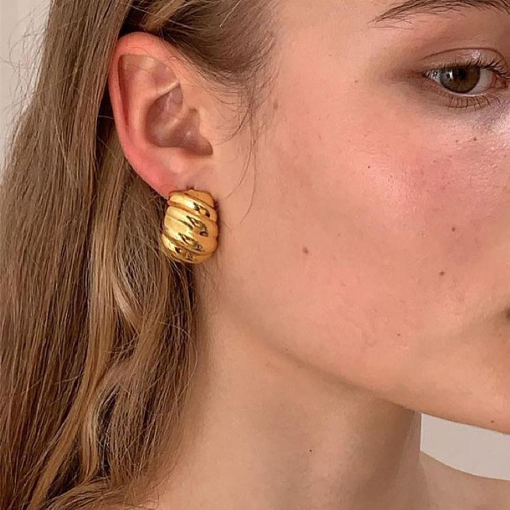 Gold Vintage Style Ribbed Convex Design Clip On Stud Earrings