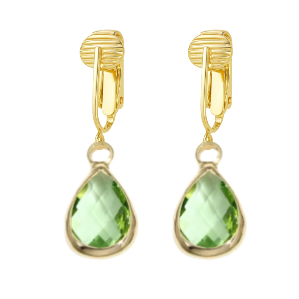 Gold Teardrop Birthstone Clip On Dangling Earrings