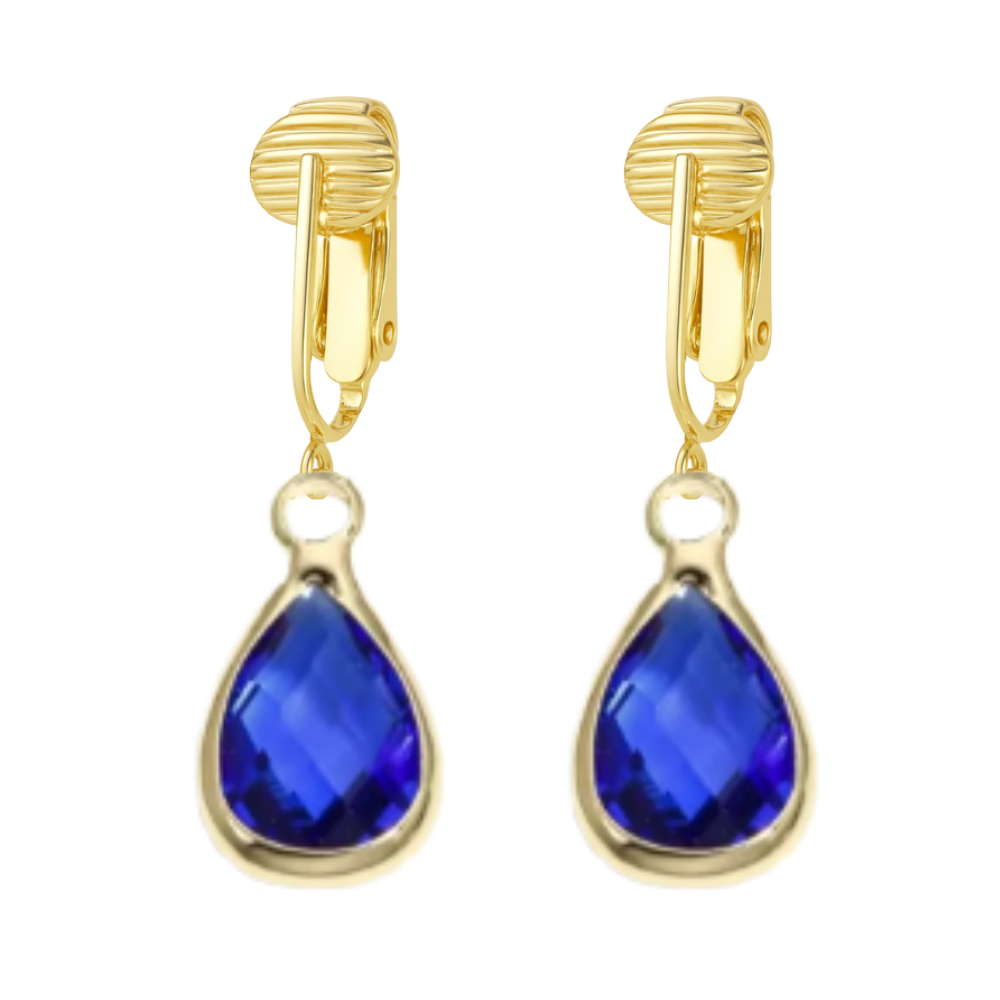 Gold Teardrop Birthstone Clip On Dangling Earrings