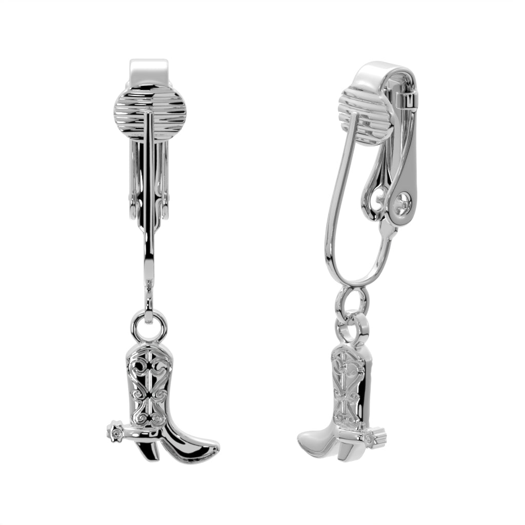 Silver Cowboy Boots Clip On Dangling Earrings