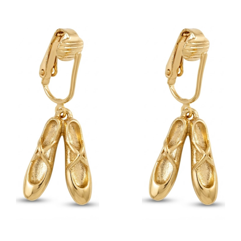 Gold Ballet Slippers Clip On Dangling Earrings