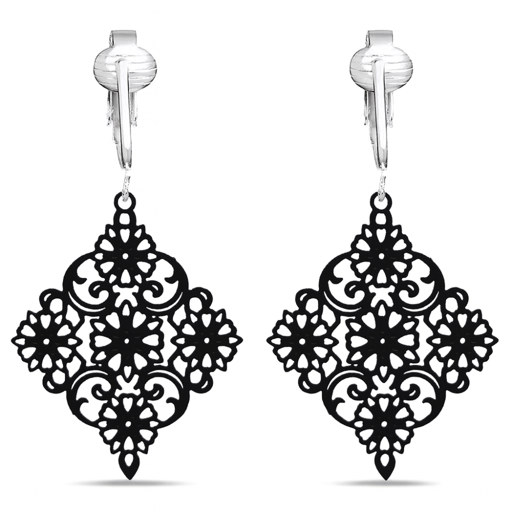 Diamond Shaped Filigree Drop Clip On Dangling Earrings