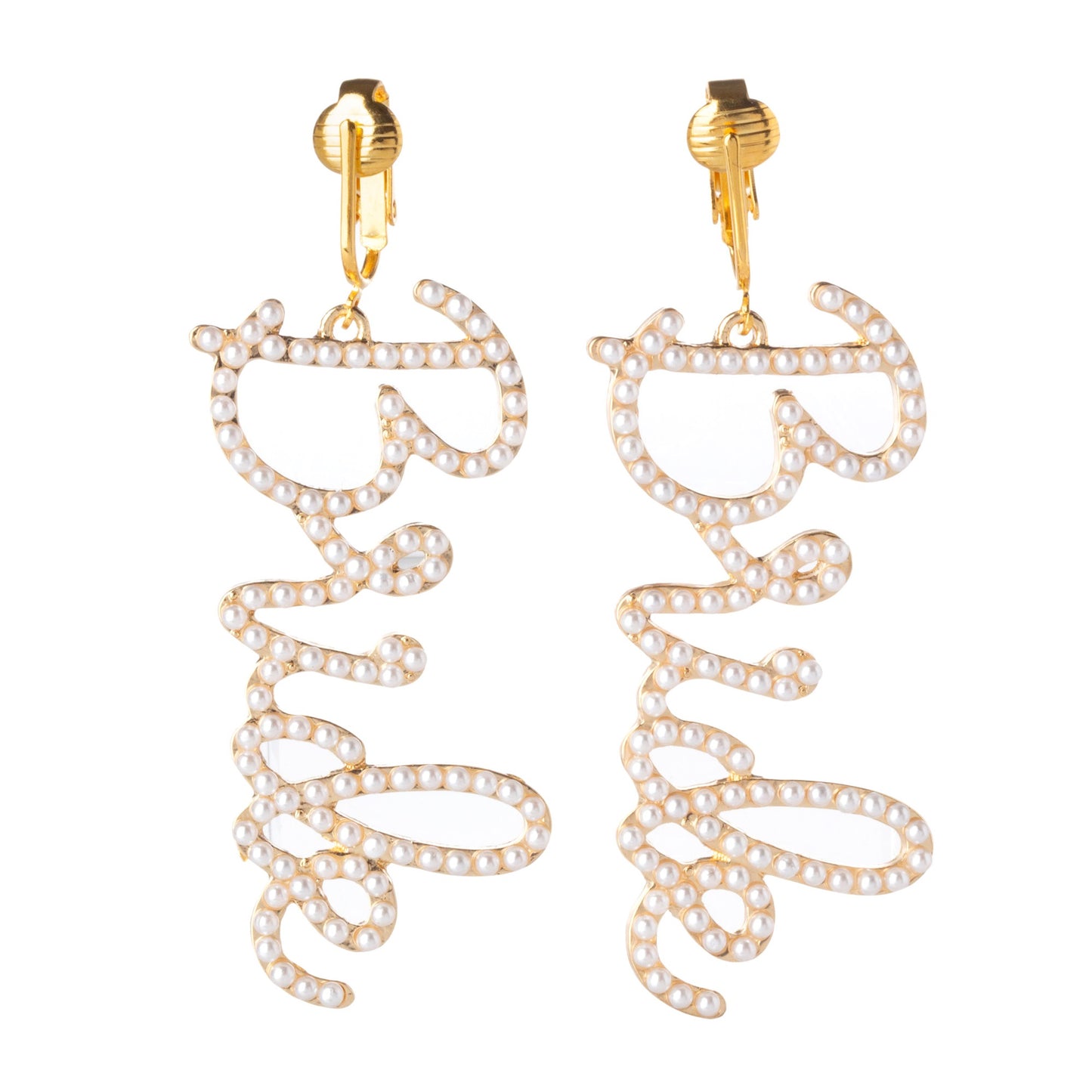 Gold Simulated Pearl Bride Clip On Dangling Earrings