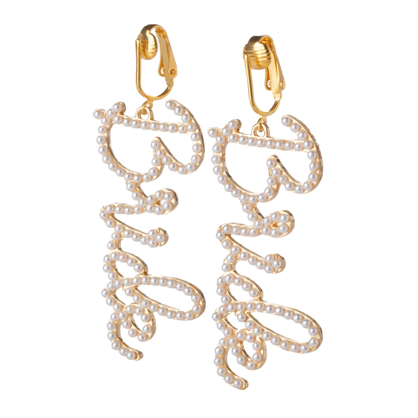 Gold Simulated Pearl Bride Clip On Dangling Earrings
