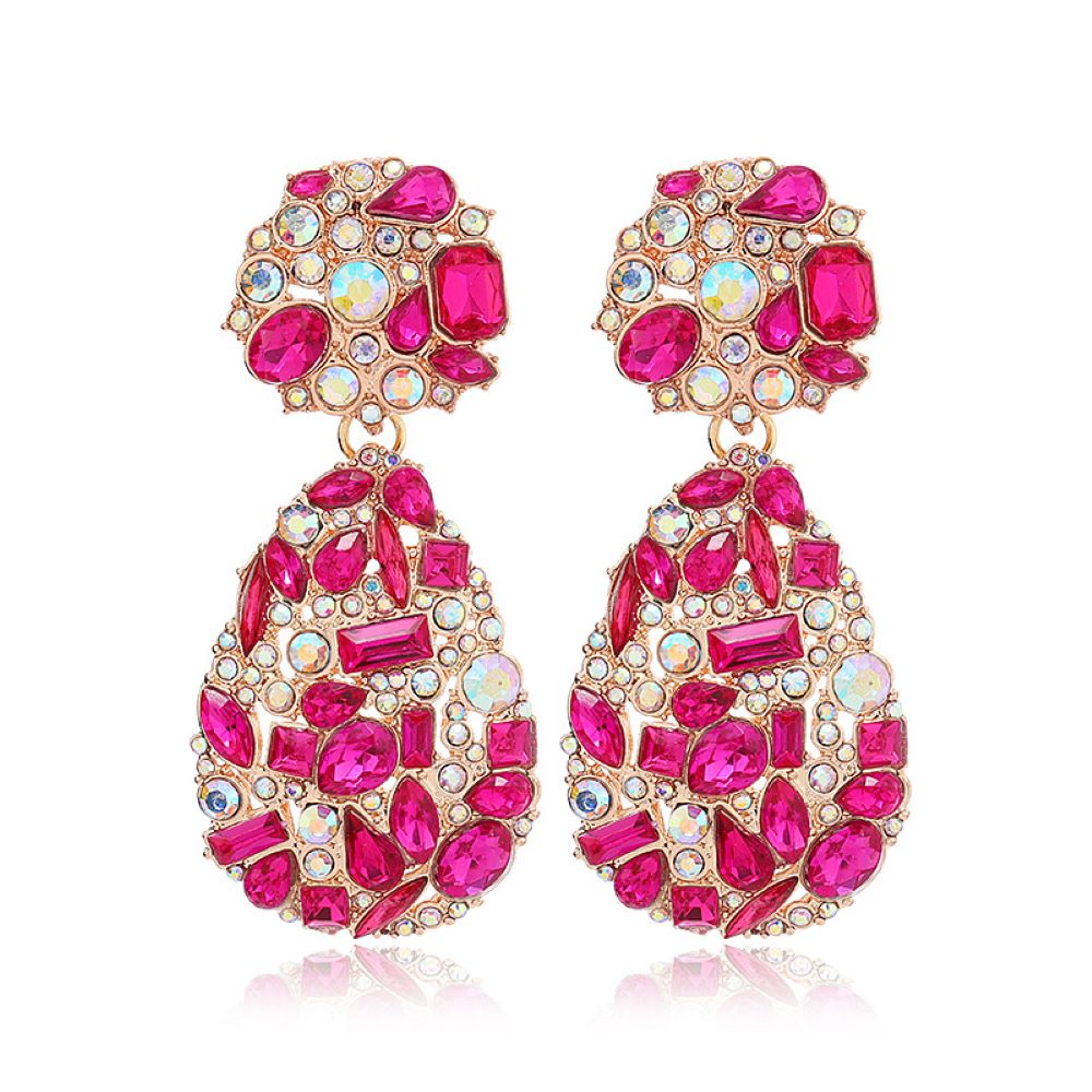 Gold Sparkling Crystal Teardrop Chandelier Statement Clip On Dangling Earrings
