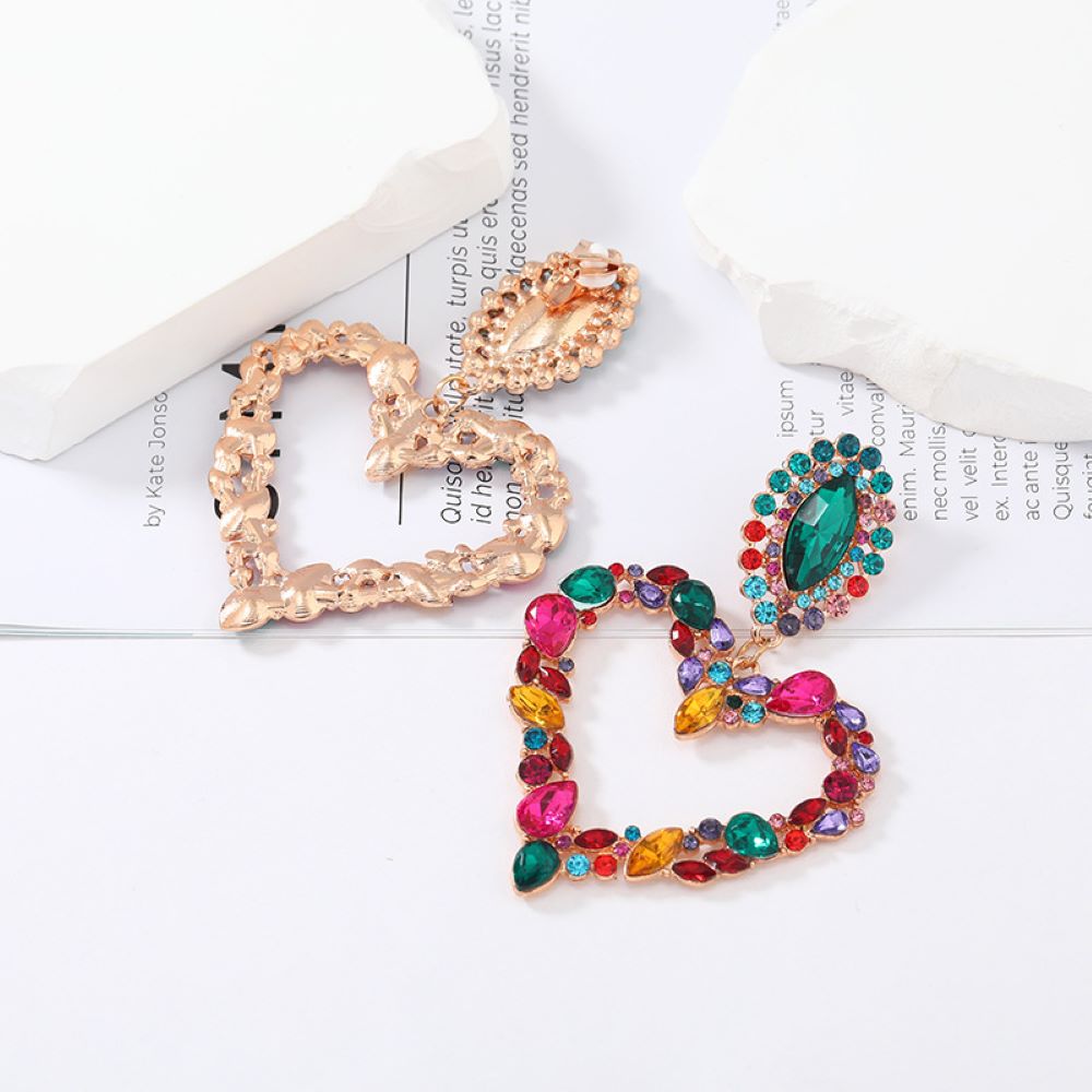 Gold Sparkling Crystal Heart Shaped Statement Clip On Dangling Earrings