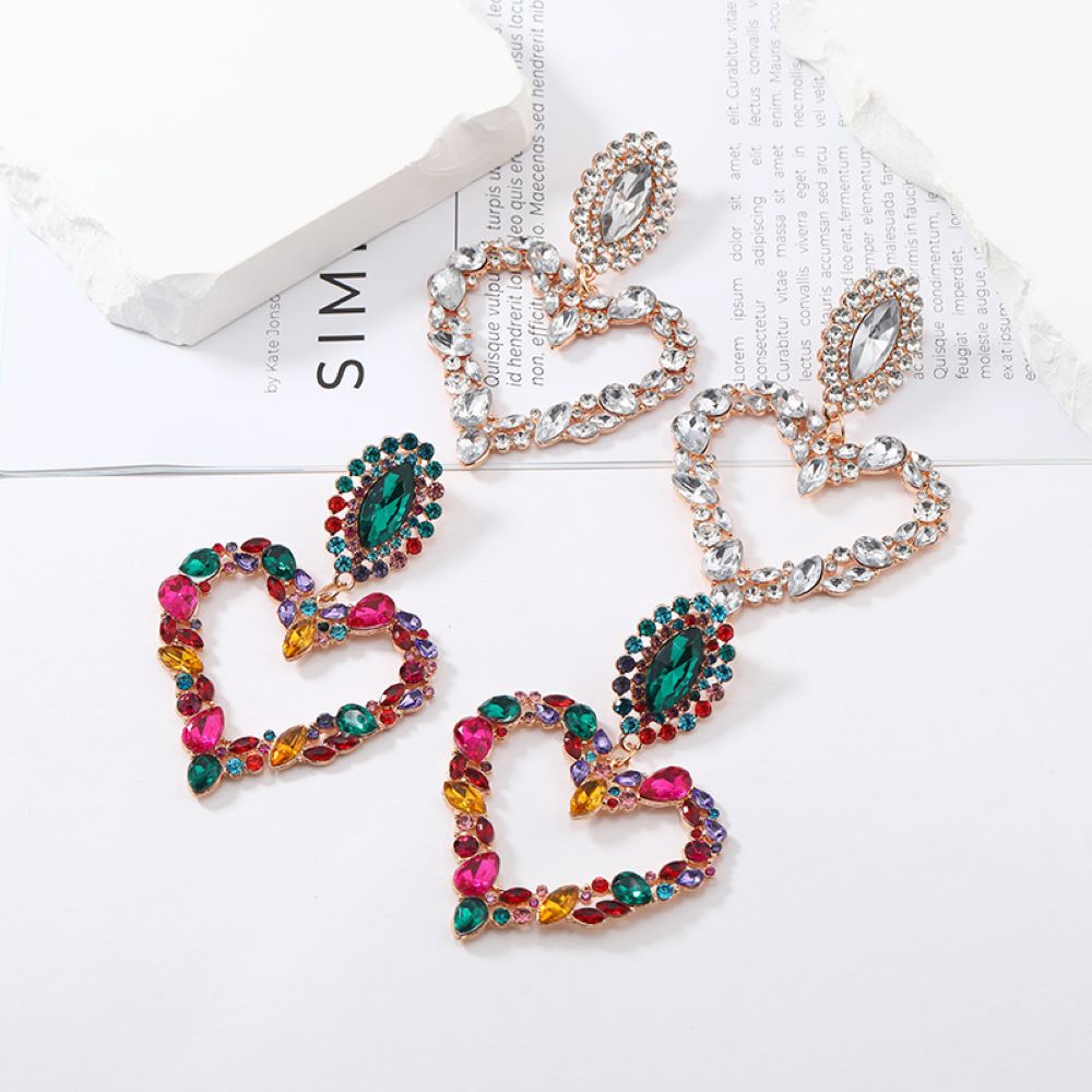 Gold Sparkling Crystal Heart Shaped Statement Clip On Dangling Earrings