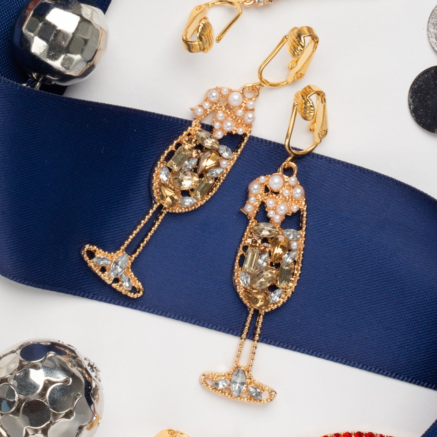Gold Champagne Glasses Clip On Statement Dangling Earrings