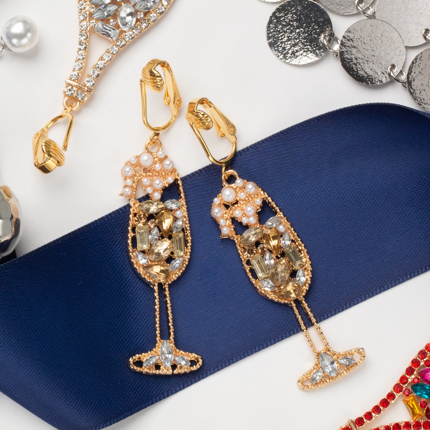 Gold Champagne Glasses Clip On Statement Dangling Earrings
