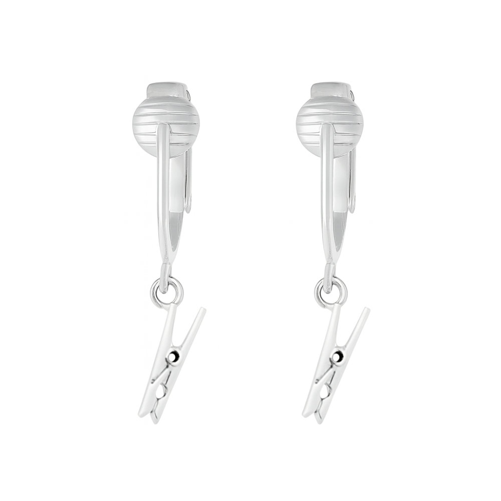 Silver Clothespins Clip On Dangling Earrings