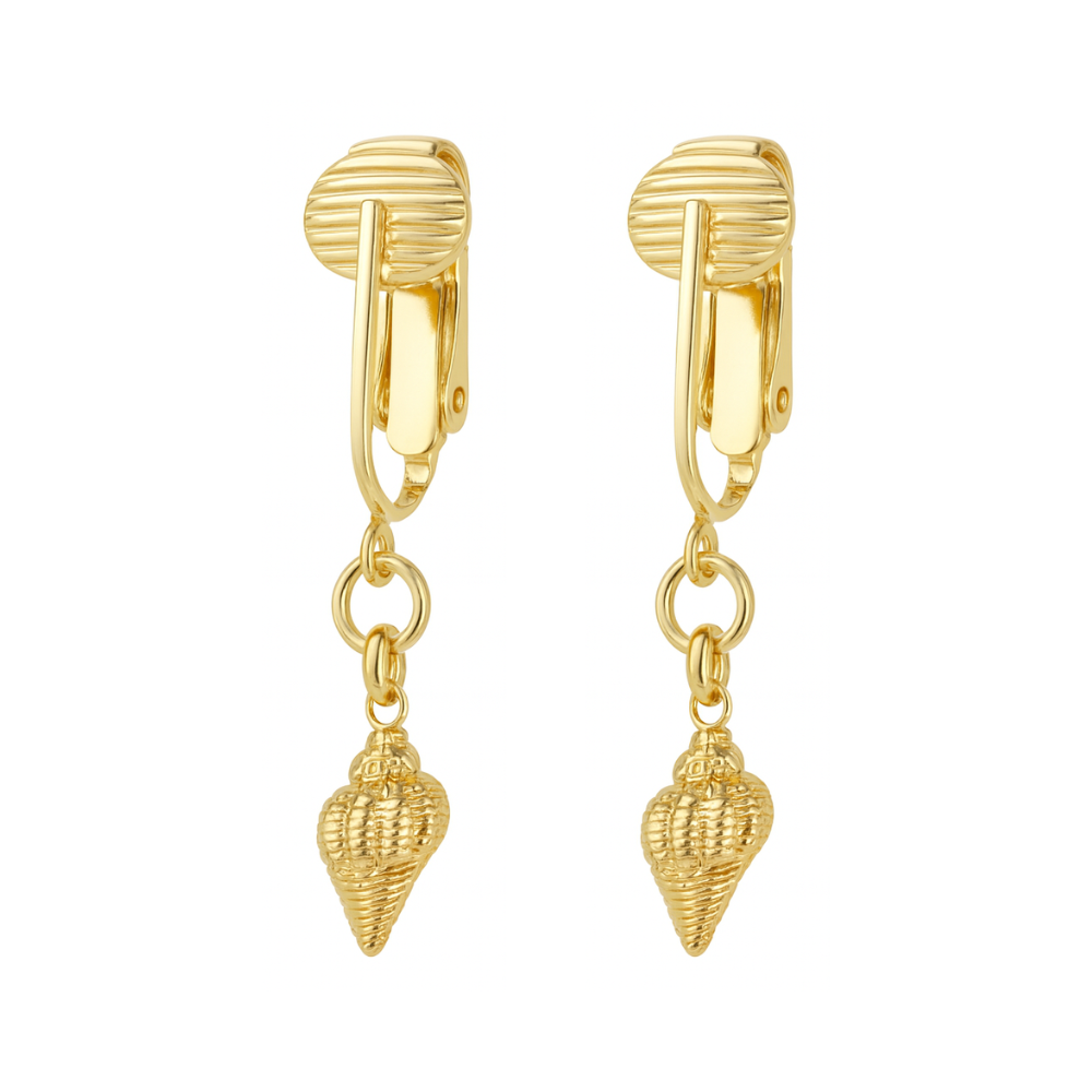 Gold Conch Shells Clip On Dangling Earrings