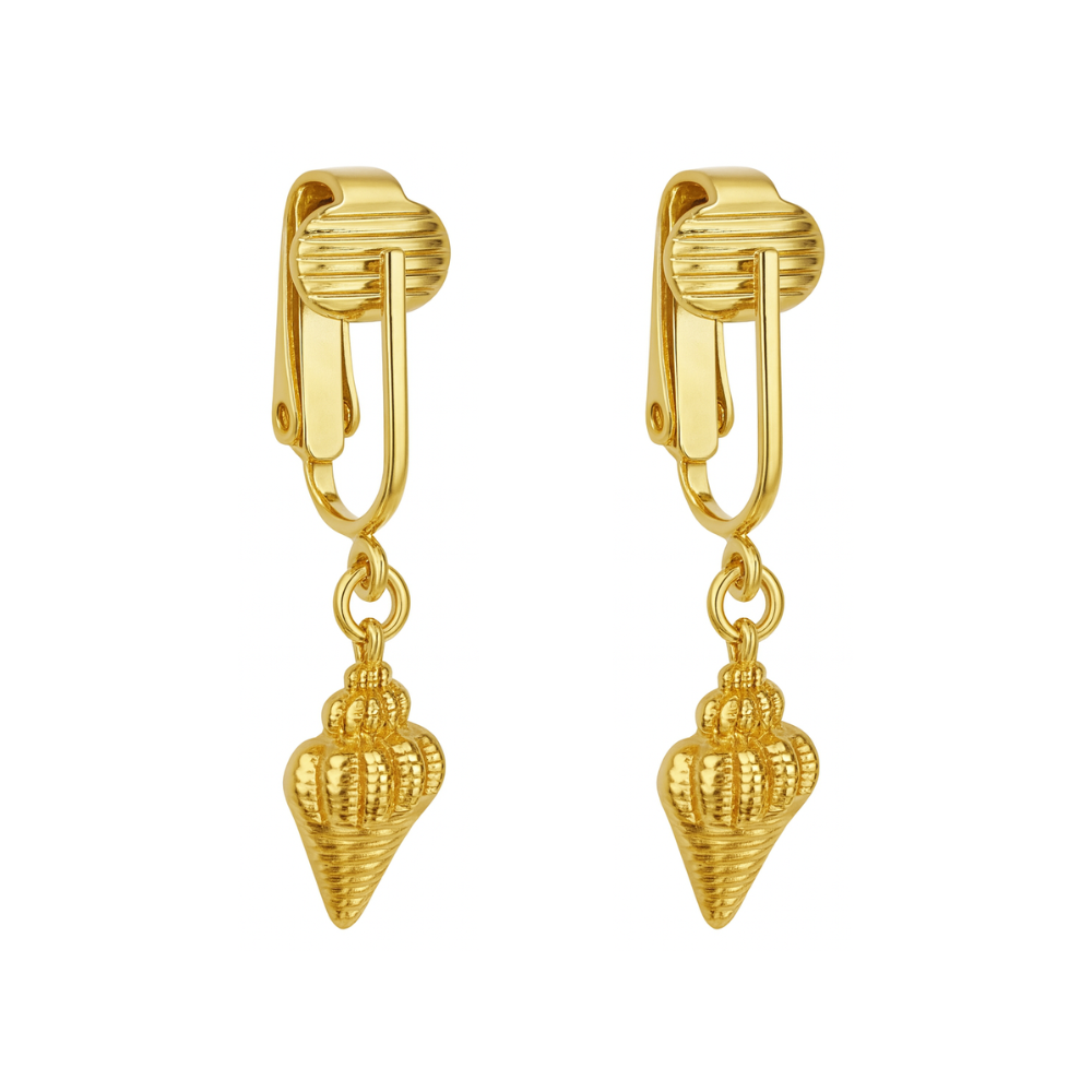 Gold Conch Shells Clip On Dangling Earrings
