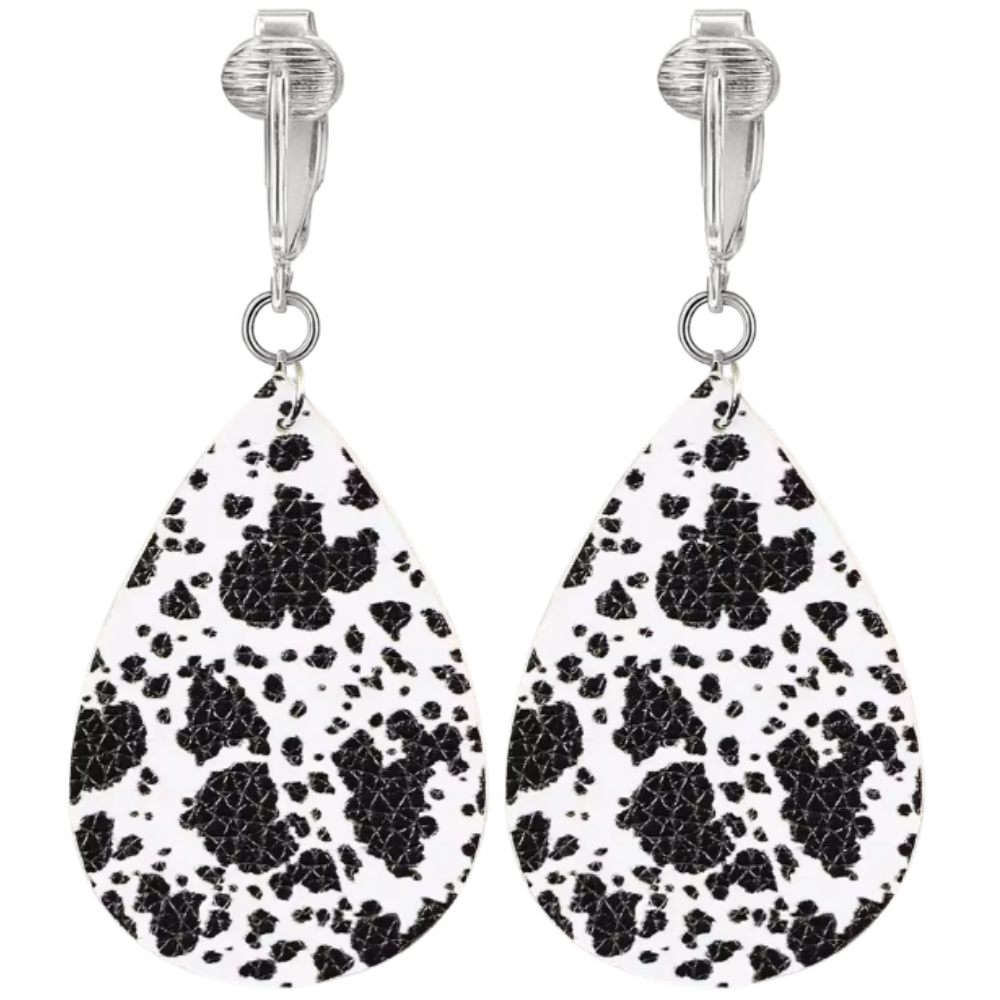 Faux Leather Animal Print Teardrop Shaped Clip On Dangling Earrings