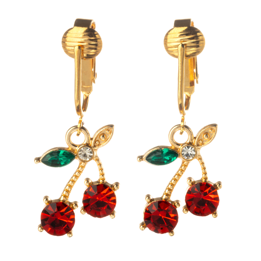 Gold Crystal Cherry Clip On Dangling Earrings