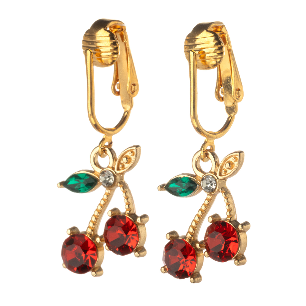 Gold Crystal Cherry Clip On Dangling Earrings