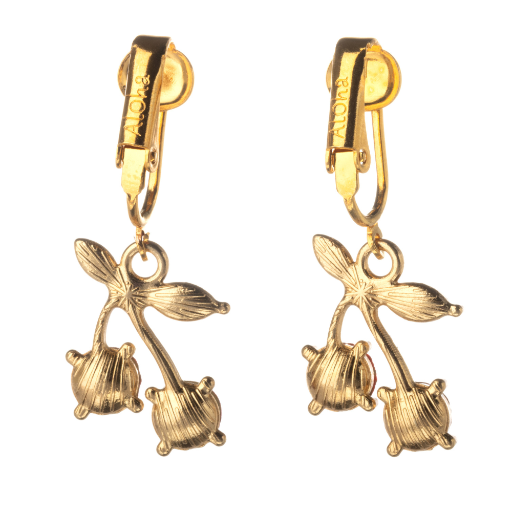 Gold Crystal Cherry Clip On Dangling Earrings