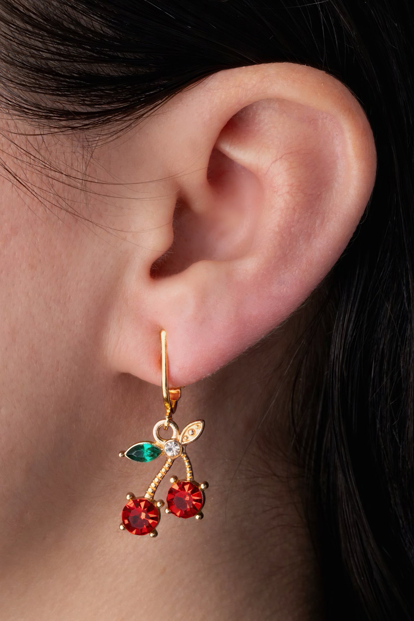 Gold Crystal Cherry Clip On Dangling Earrings