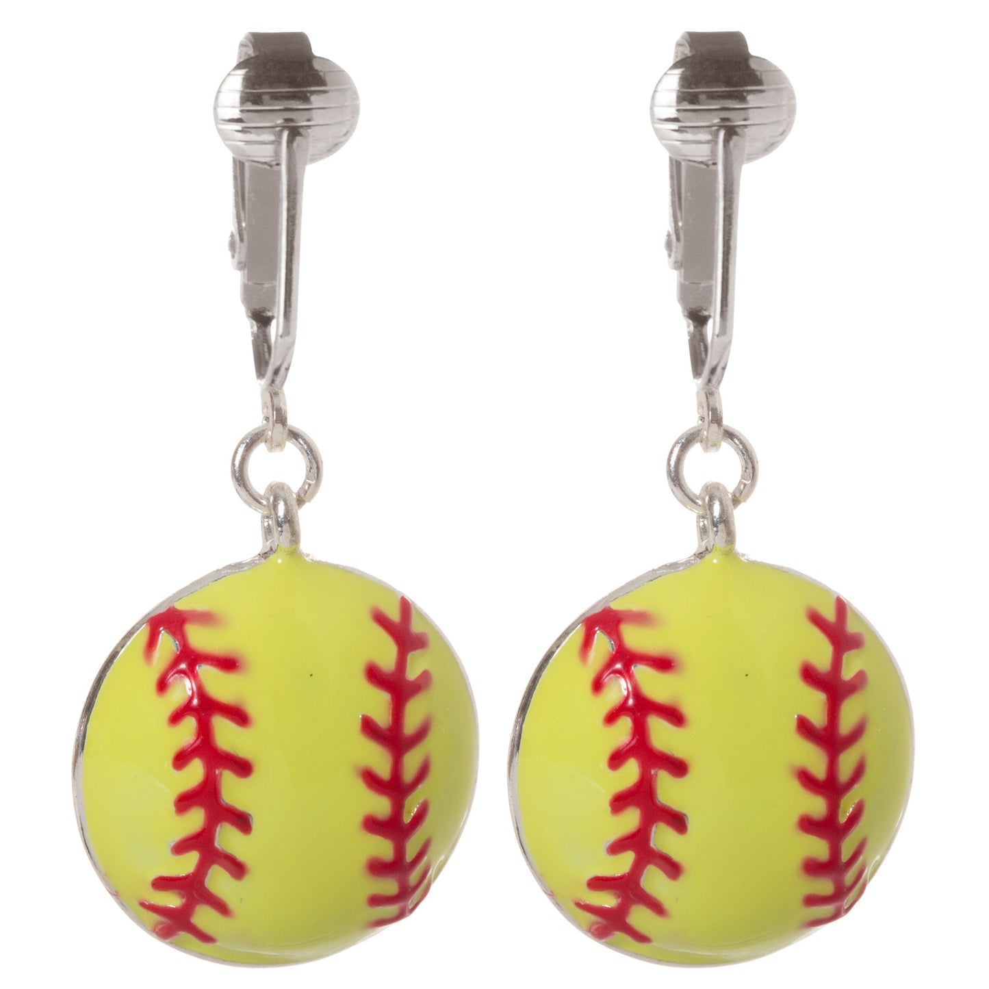 Softball Silver Clip On Dangling Earrings