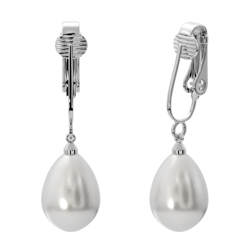 Silver Teardrop Shaped Simulated Freshwater Pearl Clip On Dangling Earrings