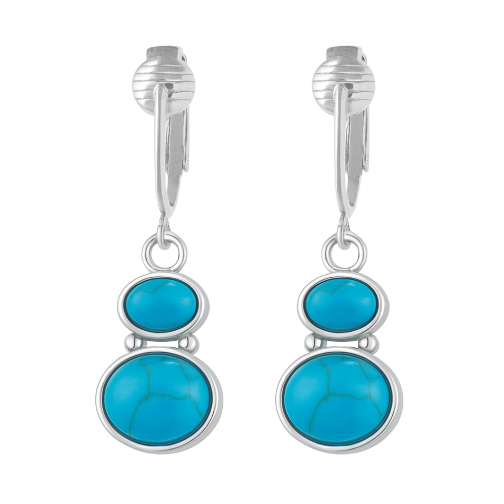 Silver Double Turquoise Drops Clip On Dangling Earrings