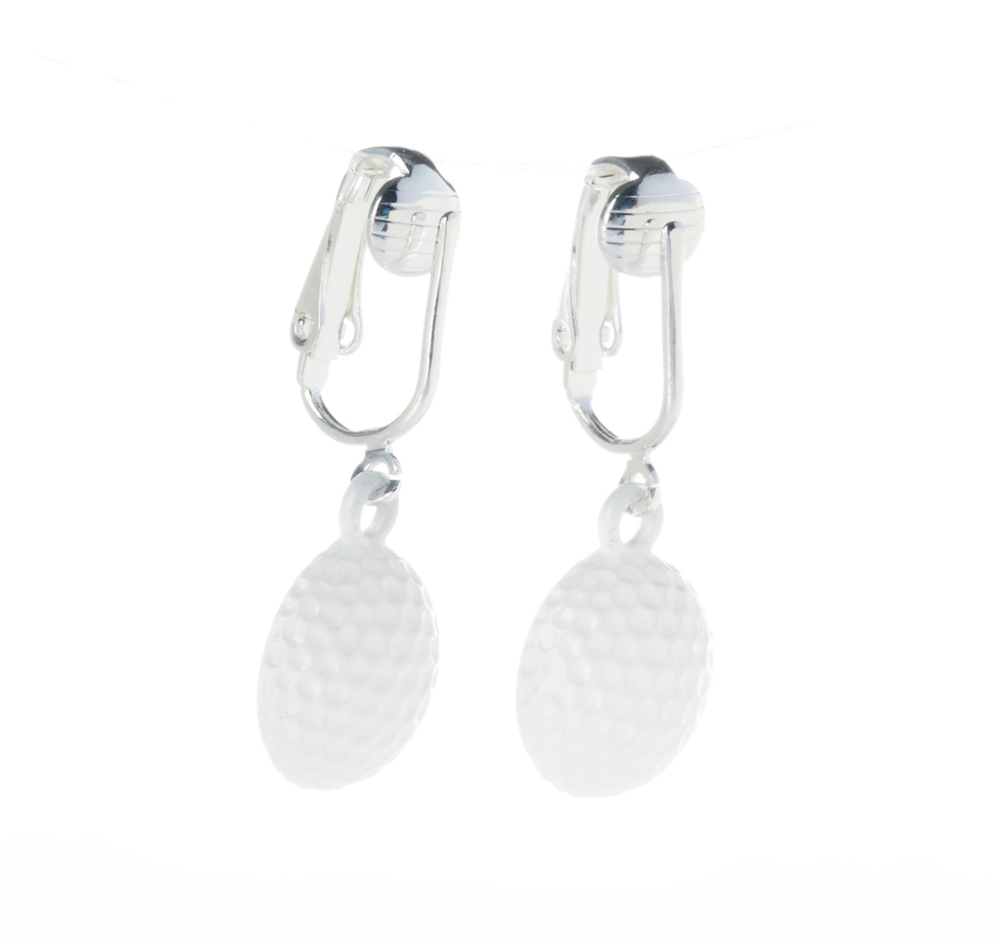 Silver Golf Ball Clip On Dangling Earrings