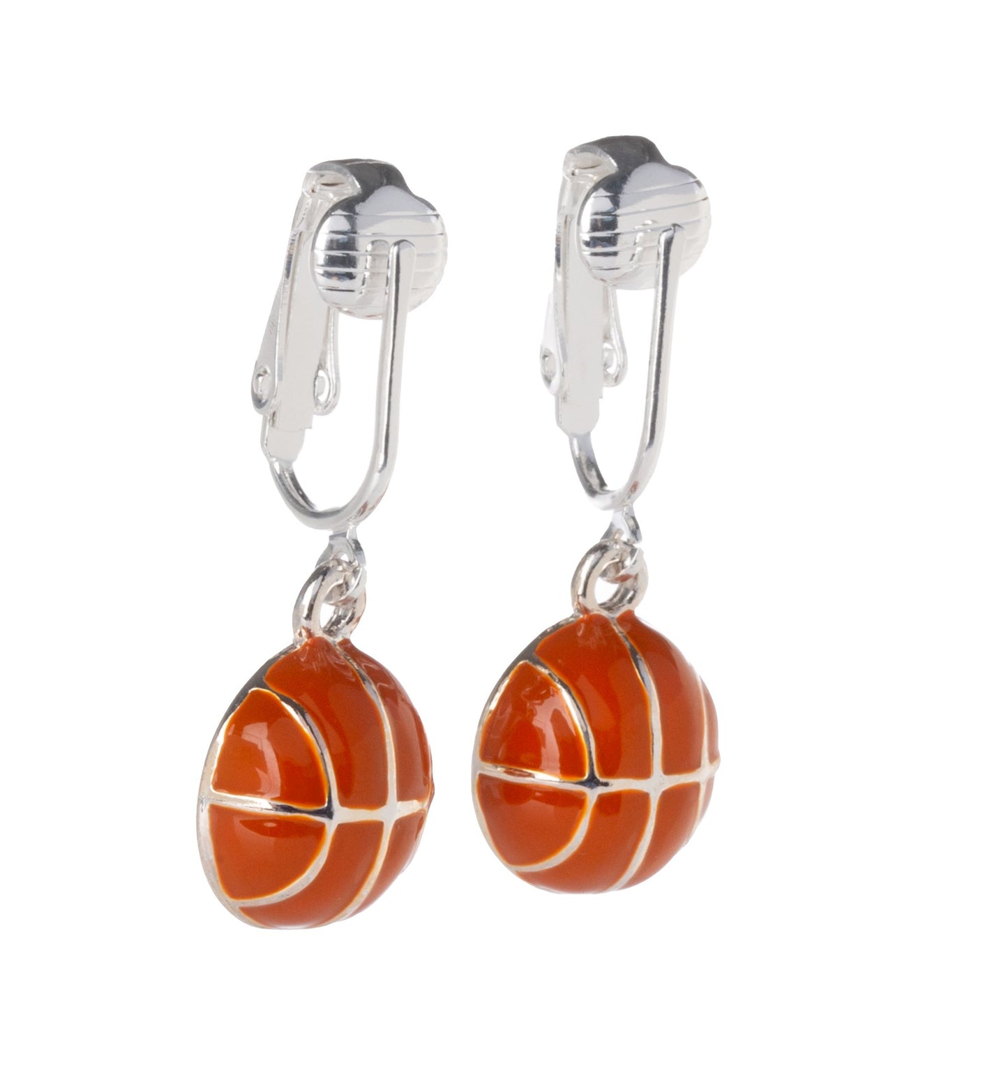 Basketball Silver Clip On Dangling Earrings