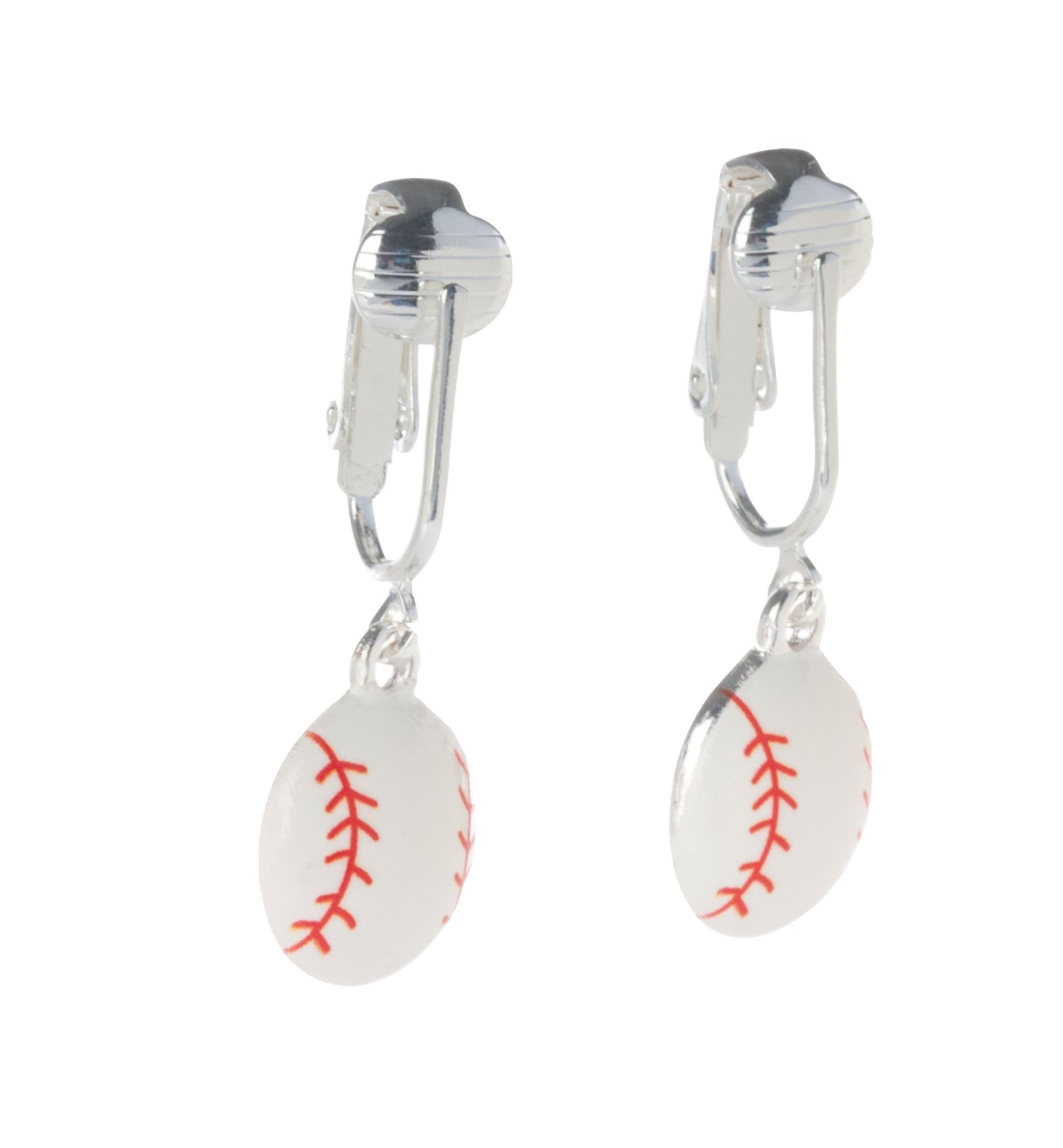 Baseball Silver Clip On Dangling Earrings