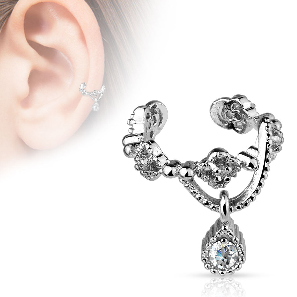 CZ Crystal Lined Chain with Dangling Gem Non-Piercing Adjustable Ear Cuff