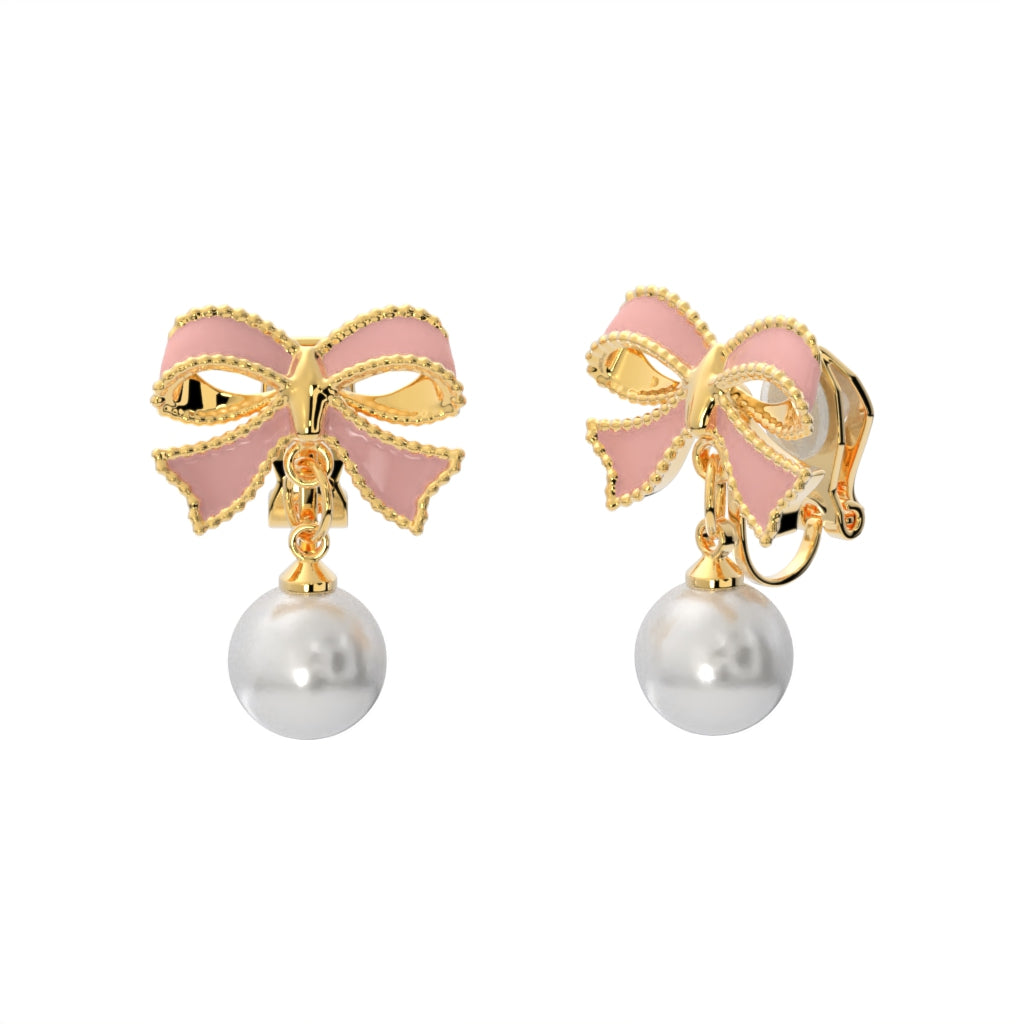 Pink Bow with Dangling Simulated Pearls Clip On Stud Earrings