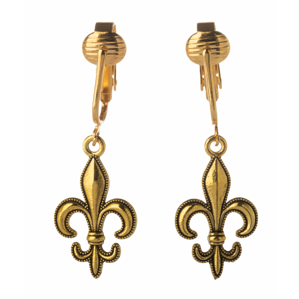 Gold Fleur De Lis Clip On Dangling Earrings