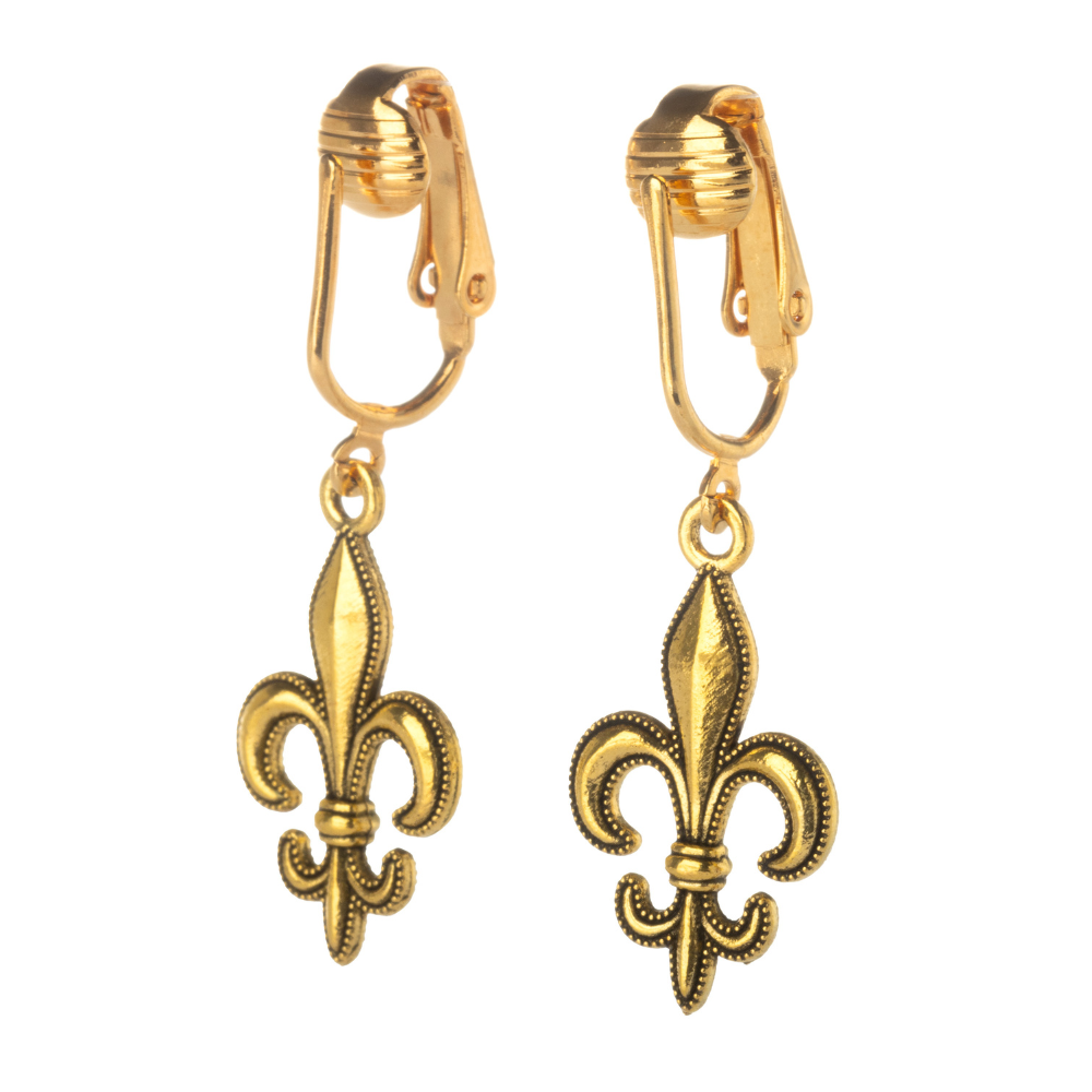Gold Fleur De Lis Clip On Dangling Earrings