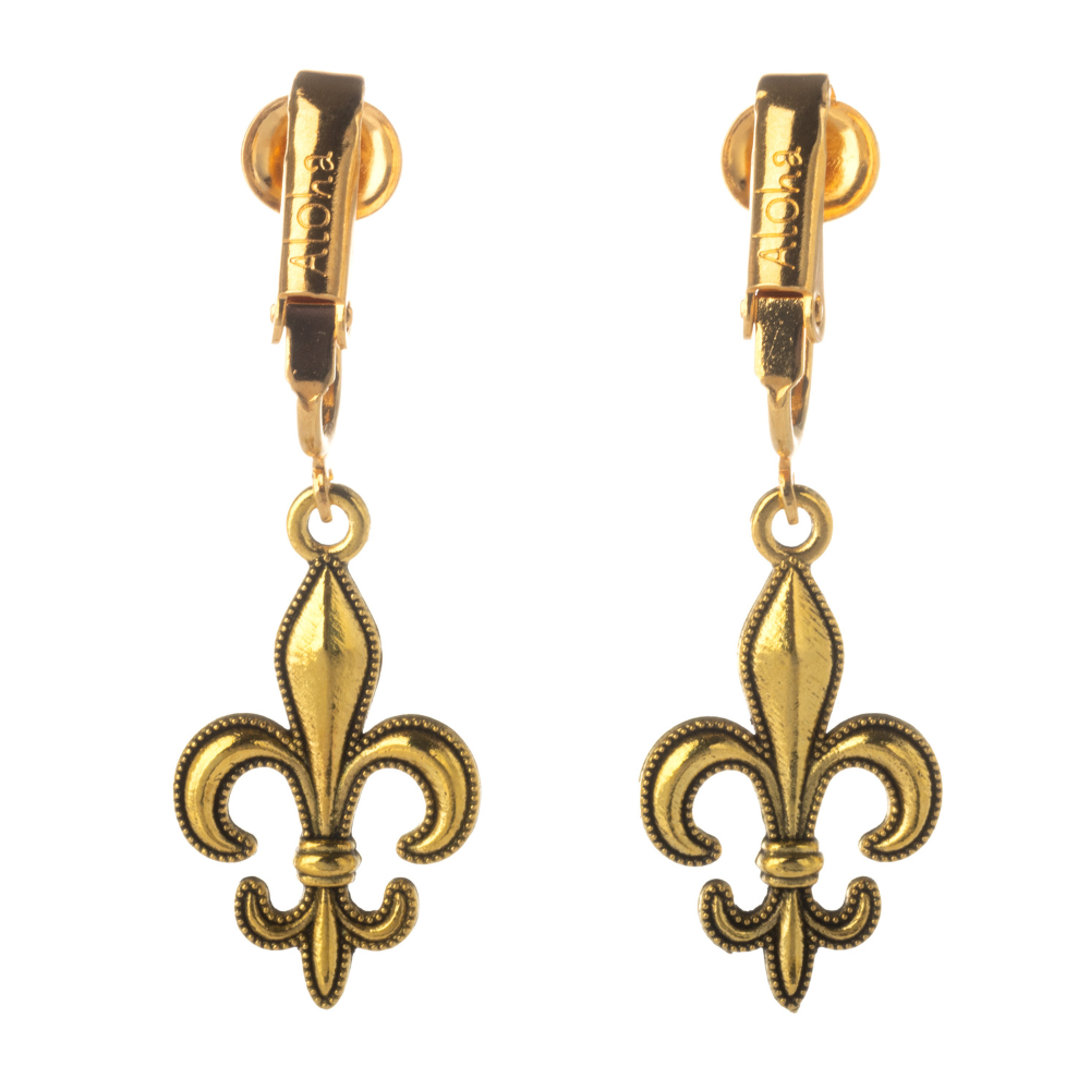 Gold Fleur De Lis Clip On Dangling Earrings