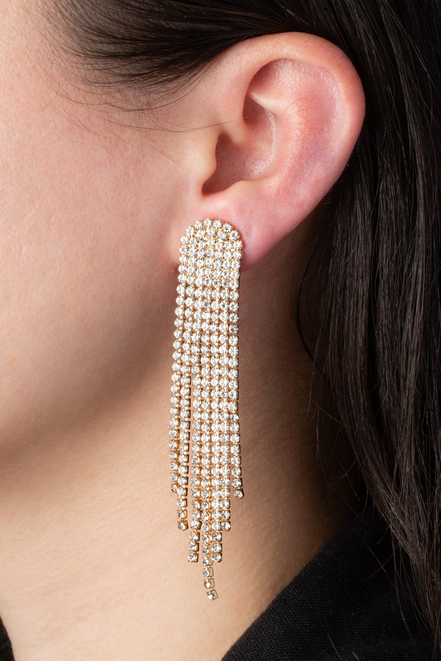 Gold Crystal Tassel Clip On Statement Dangling Earrings
