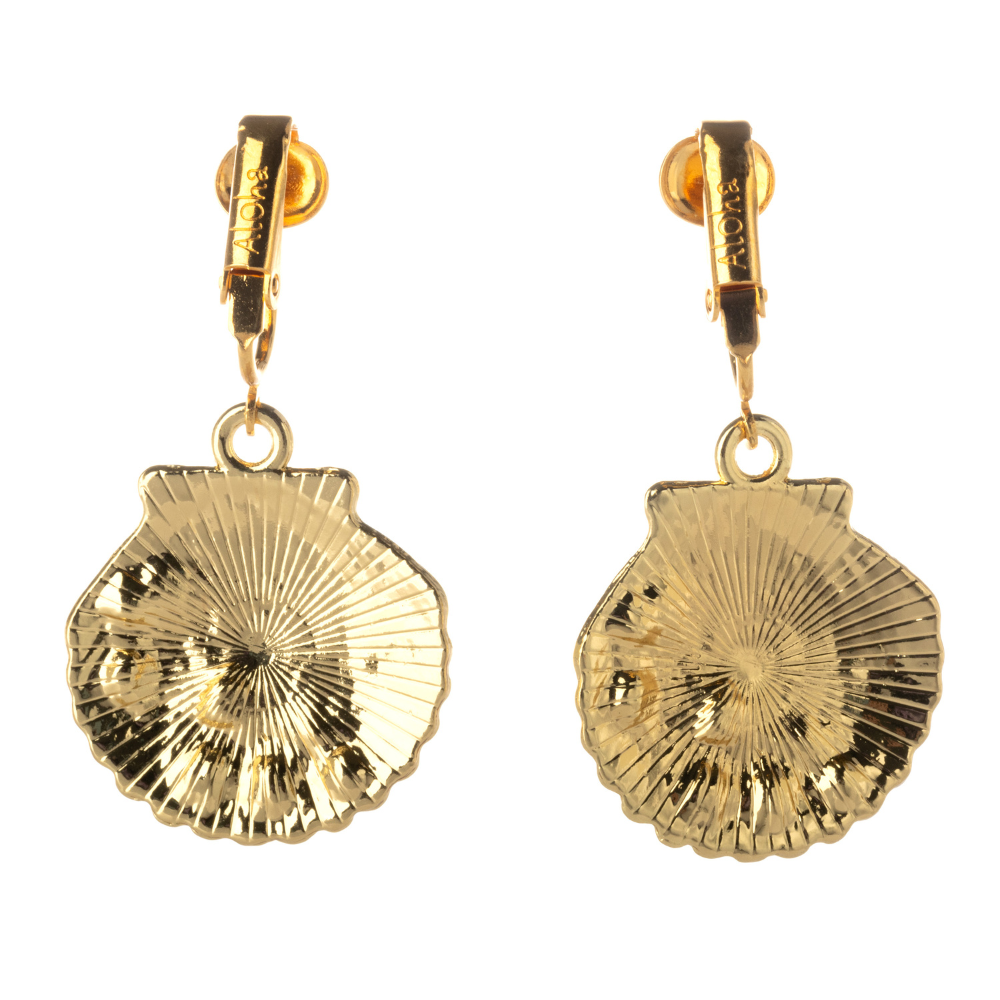 Gold Simulated Pearl Seashells Clip On Dangling Earrings