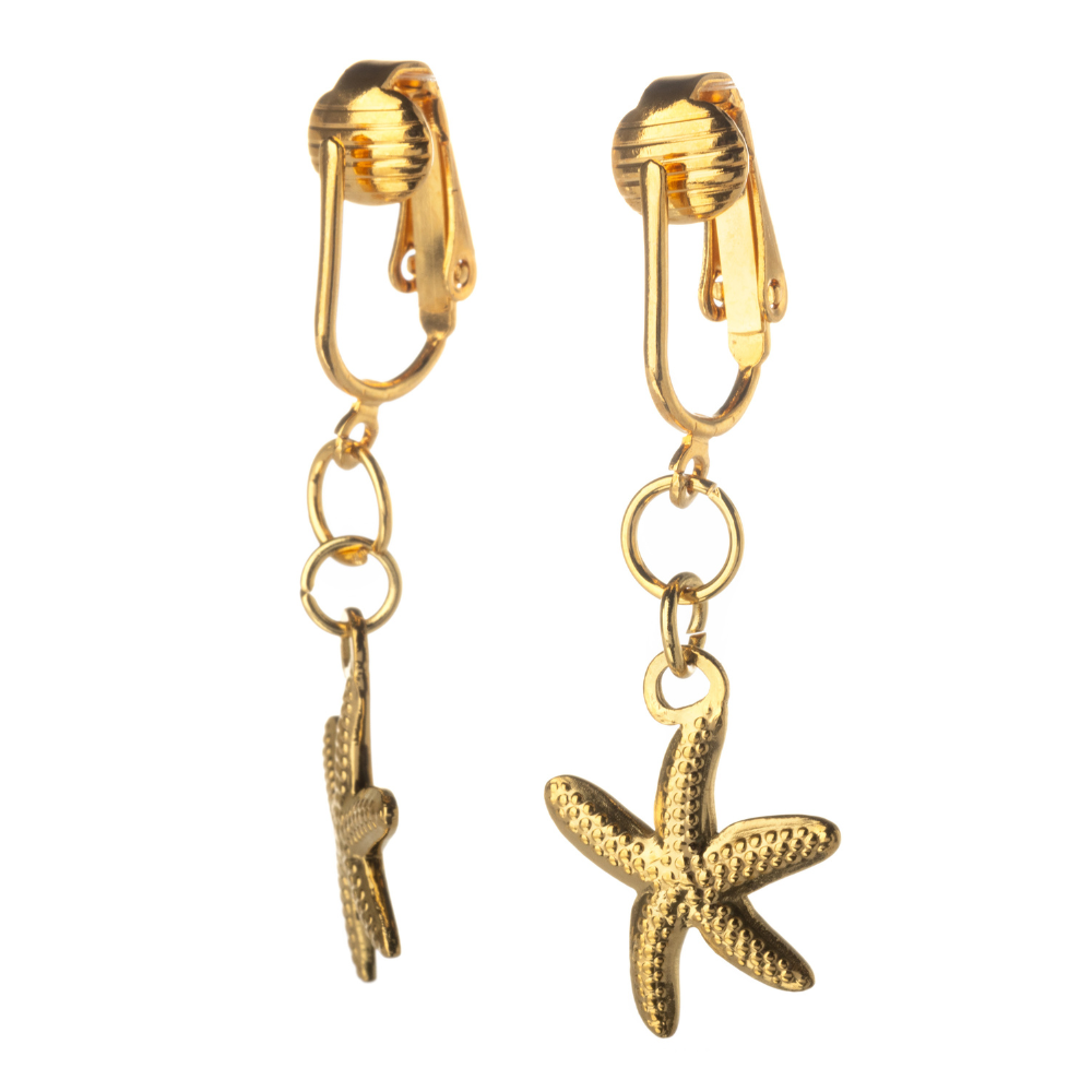 Gold Starfish Clip On Dangling Earrings