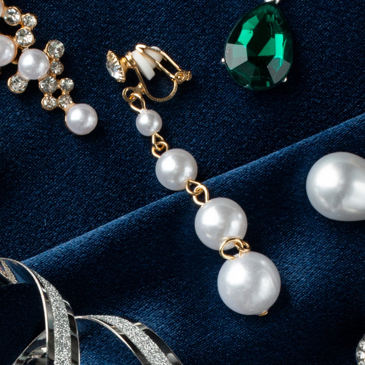 Gold Crystal with Simulated Pearl Drops Clip On Dangling Earrings