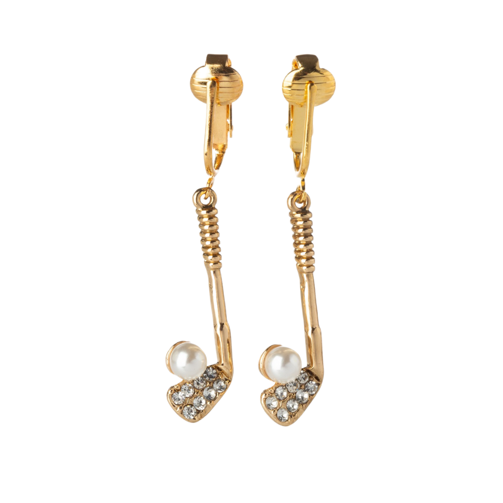 Golf Club Gold Clip On Dangling Earrings