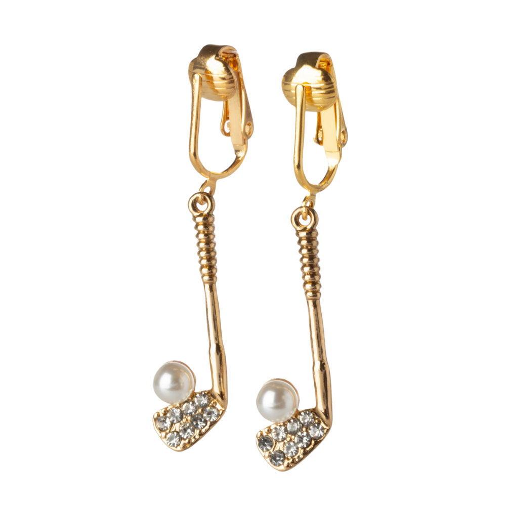 Golf Club Gold Clip On Dangling Earrings