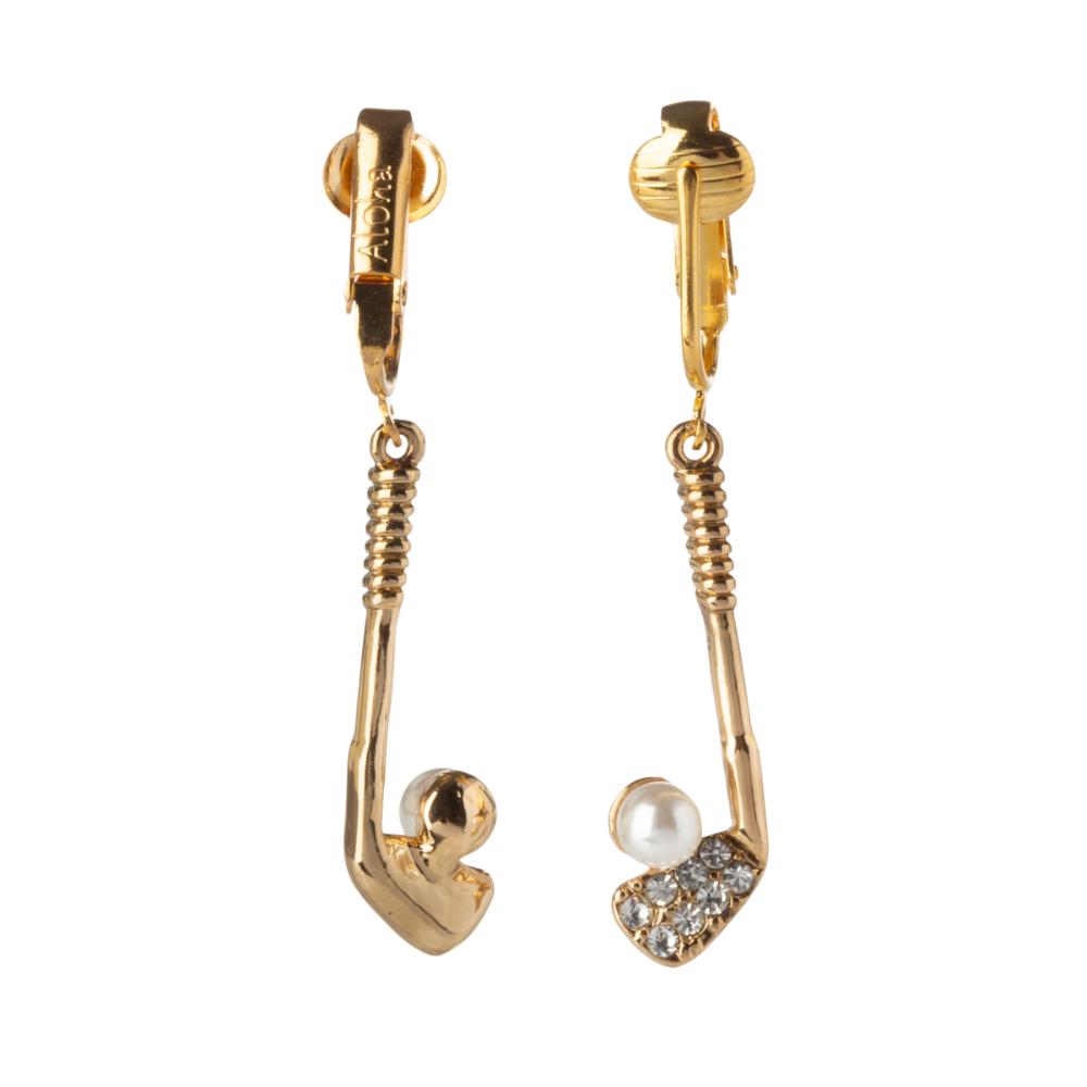 Golf Club Gold Clip On Dangling Earrings