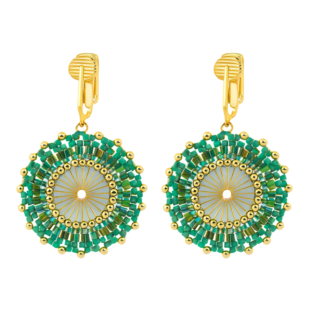 Gold Beaded Circle Clip On Dangling Earrings