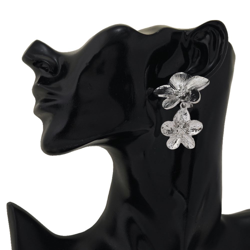 Silver Double Flower Statement Clip On Dangling Earrings