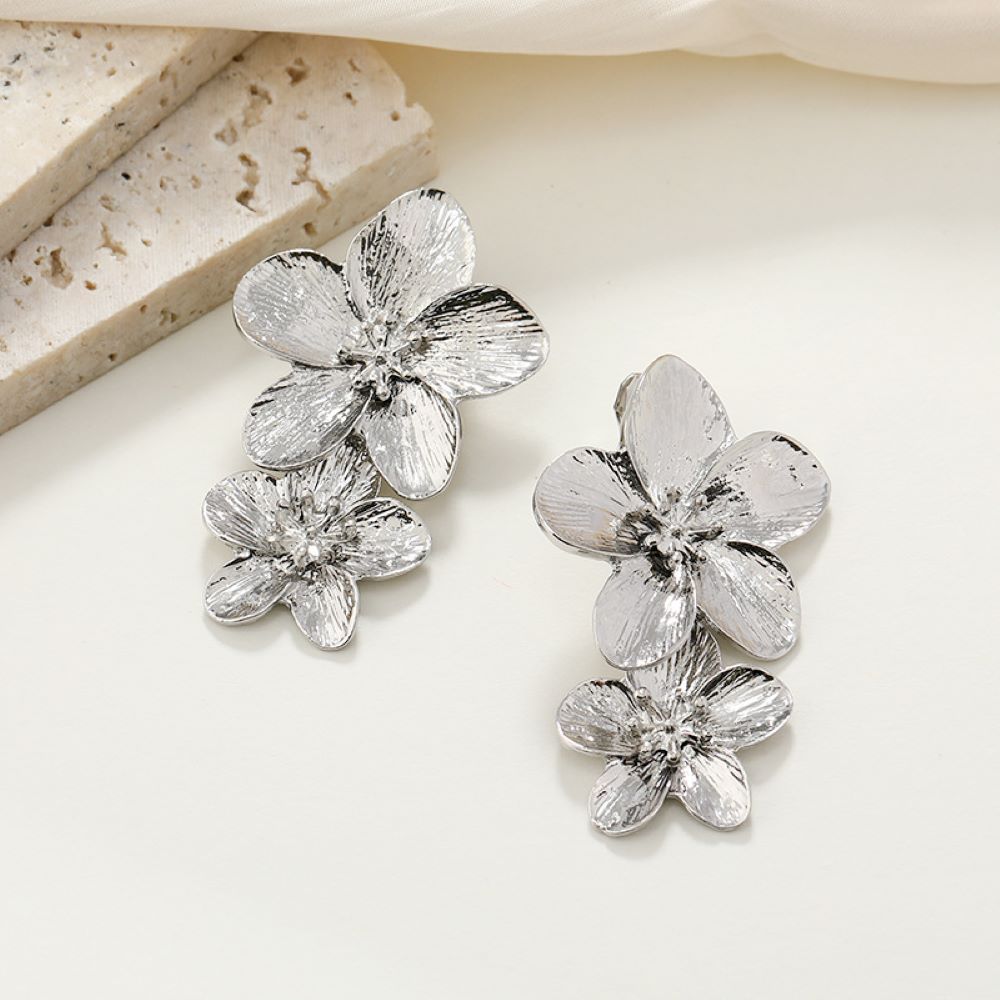 Silver Double Flower Statement Clip On Dangling Earrings