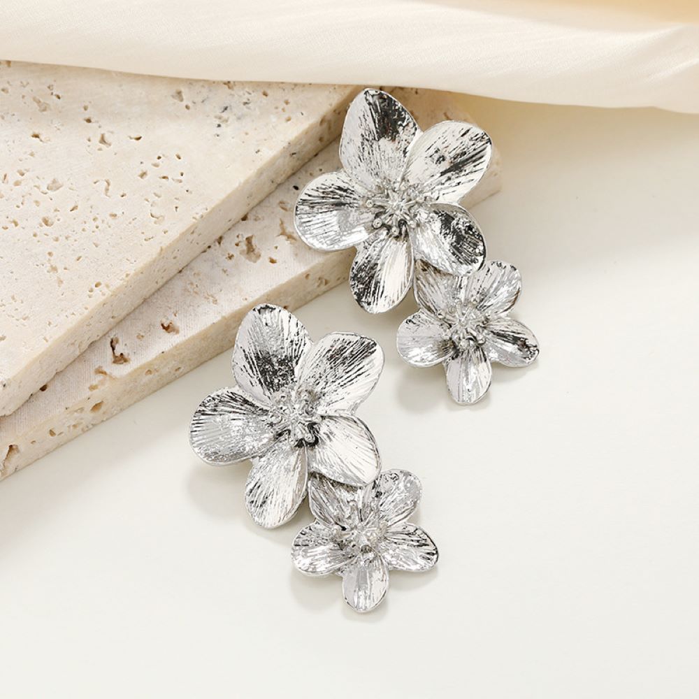 Silver Double Flower Statement Clip On Dangling Earrings