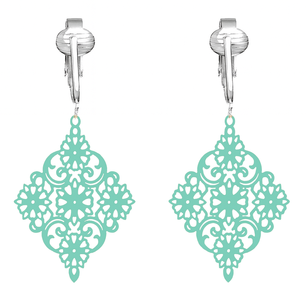 Diamond Shaped Filigree Drop Clip On Dangling Earrings